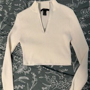 Forever 21 Cream Ribbed Zip-Up Sweater